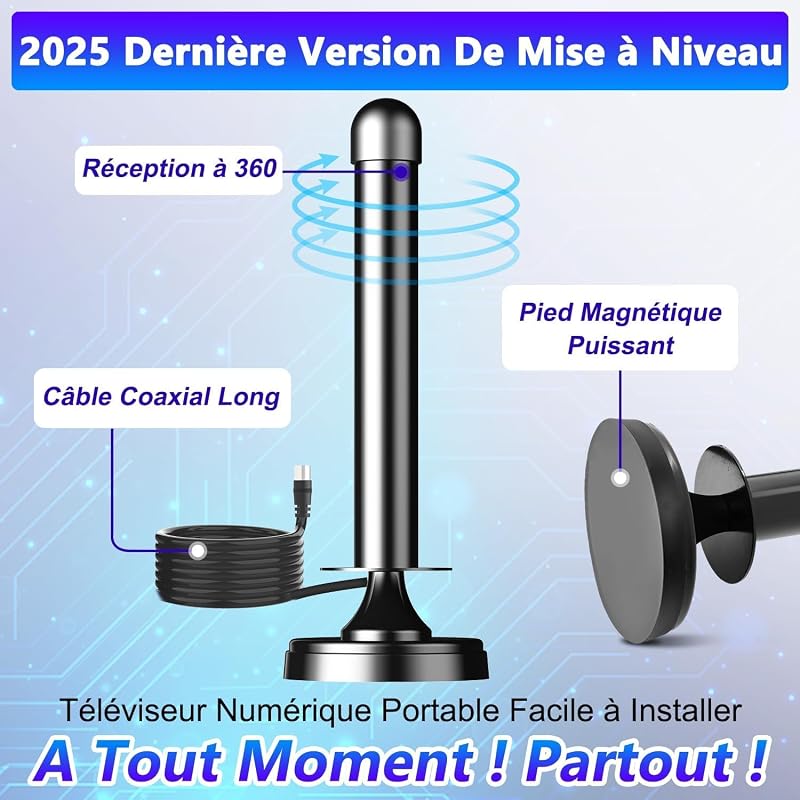 Antenne TV Intérieure Puissante avec Amplificateur de Signal à Gain Élevé - Réception 360° Longue Portée, Base Magnétique pour Fixation Facile, Compatible Téléviseurs HD/4K