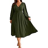 RWJ Women's Plus Size Fall Wedding Guest Dress Wrap V Neck Swiss Dot Lantern Long Sleeve Swing Boho Casual Dresses