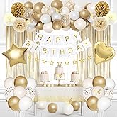 White and Gold Birthday Party Decorations Kit for Women Girls, Gold White Sand Confetti Foil Balloons Happy Birthday Banner Fringe Curtains Butterfly Golden Star Garland 21th 30th 40th
