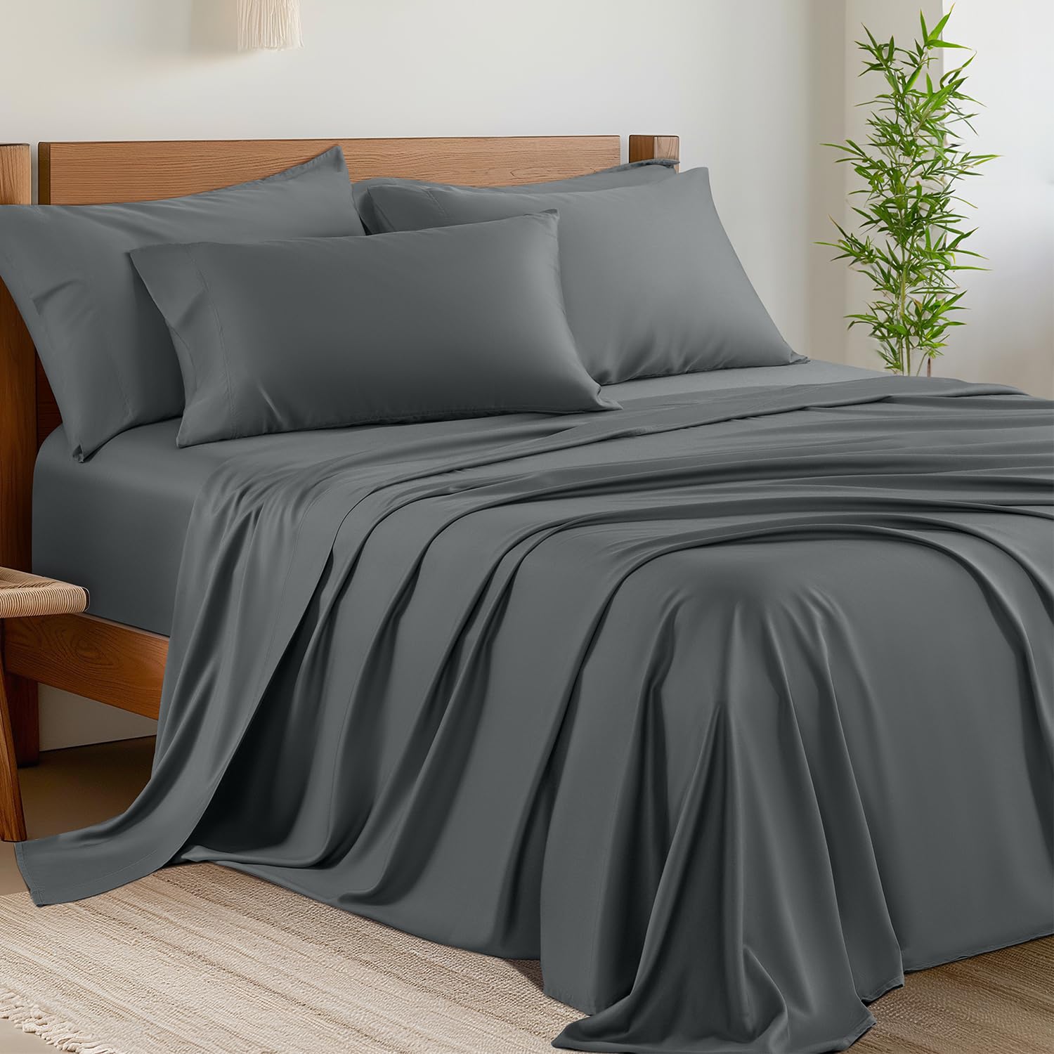 Photo 1 of Shilucheng 6 Piece Queen Sheet Sets, Cooling Sheets, Blend Rayon Derived from Bamboo, Deep Pocket Up to 16", Breathable & Soft Bed Sheets, Hotel Silky Bedding Set, Dark Grey