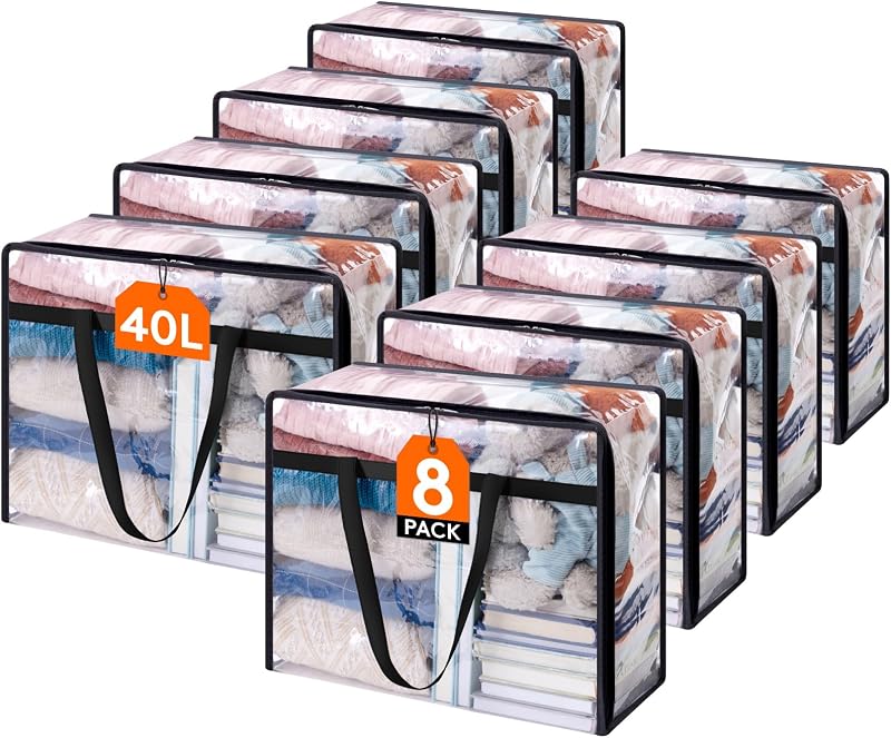 Lifewit 8 Pack Clear 40L Plastic Clothes Storage Bags with Handles