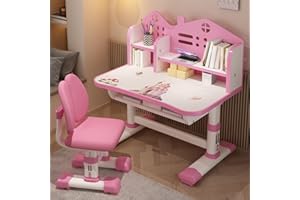 LEAQU Kids Desk and Chair Set, Study Table and Chair, Desk for Kids, Children's Desks with Golden Distance Design, Homeschooling Writing Desk with Desktop for Boys and Girls (Pink 1)