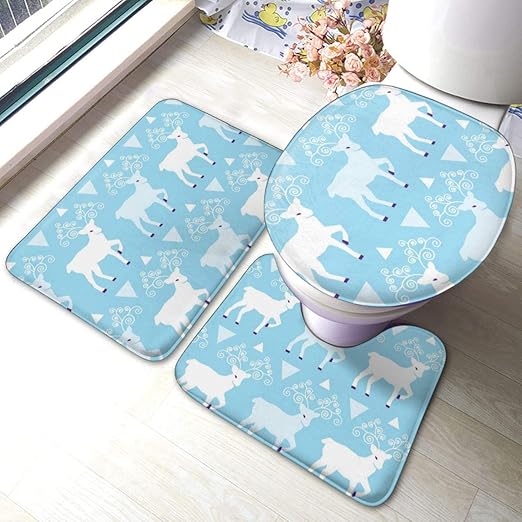Houity 3-teiliges Badezimmermatten-Set, blaues Winter-Rentier-Design