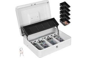 ZYNKORA Cash Box Metal Money Box with Tray & Key Lock,Tiered Locking Cash Boxes,Durable Lock Safe Box with Key,4 Bill 5 Coin Slots,Cantilever Design,Large