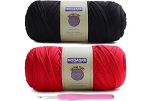 Mooaske 2 Pack T-Shirt Crochet Yarn for DIY Knitting Crochet Cloth Blanket Bag Dolls - 400g Chunky Thick Yarn for Crocheting with Polyester-Spandex Blend Elastic Fabric (Black + Red)