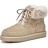 BEAU TODAY Womens Winter Snow Boots, Fur Lined Ankle Booties for Women, Chunky Platform Lace-up Boots Shoes Suede Leather Non-slip Warm Winter Shoes Beige US 10