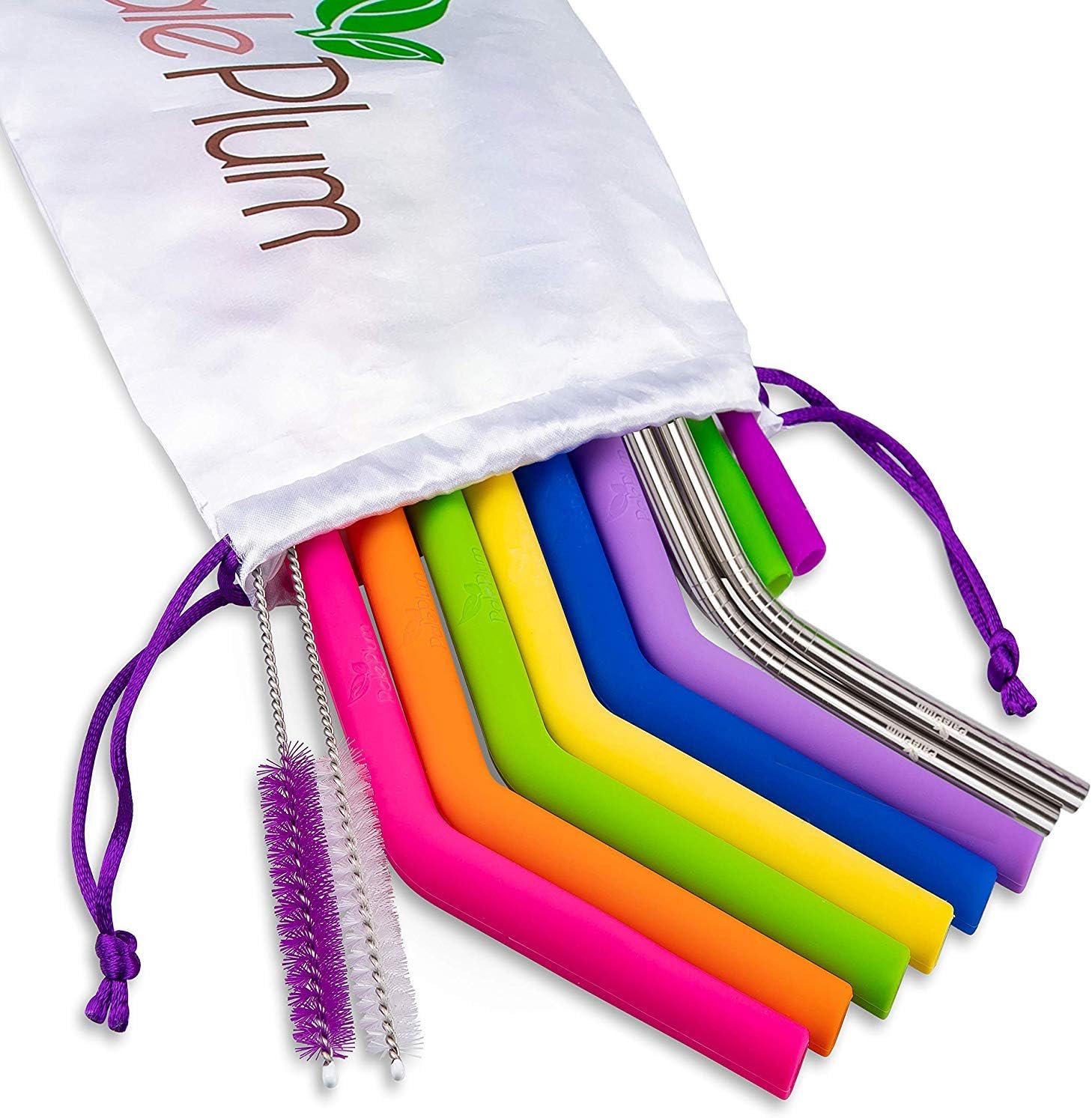 Reusable Long Silicone Drinking Straws by PalePlum - Includes Bonus Storage Bag, 2 Cleaning Brushes, 2 Stainless Steel Straws and 2 Silicone Tip Covers