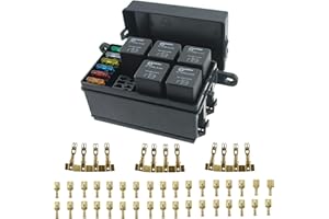 12-Slot Fuse Relay Box,6 Relays,6 ATC/ATO Fuses Holder Block with 41pcs Metallic Pins for Automotive and Marine Engine Bay