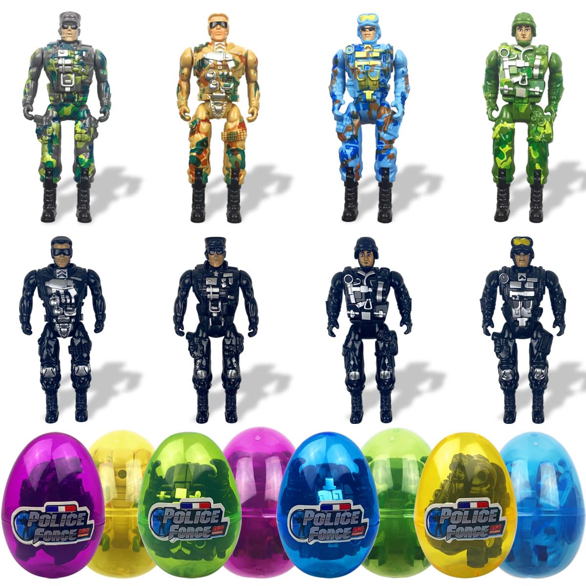 Anditoy 8 Pack Jumbo Police & Soldier Deformation Eggs Prefilled Easter Eggs with Toys Inside for Kids Boys Girls Easter Basket Stuffers Gifts Party Favors