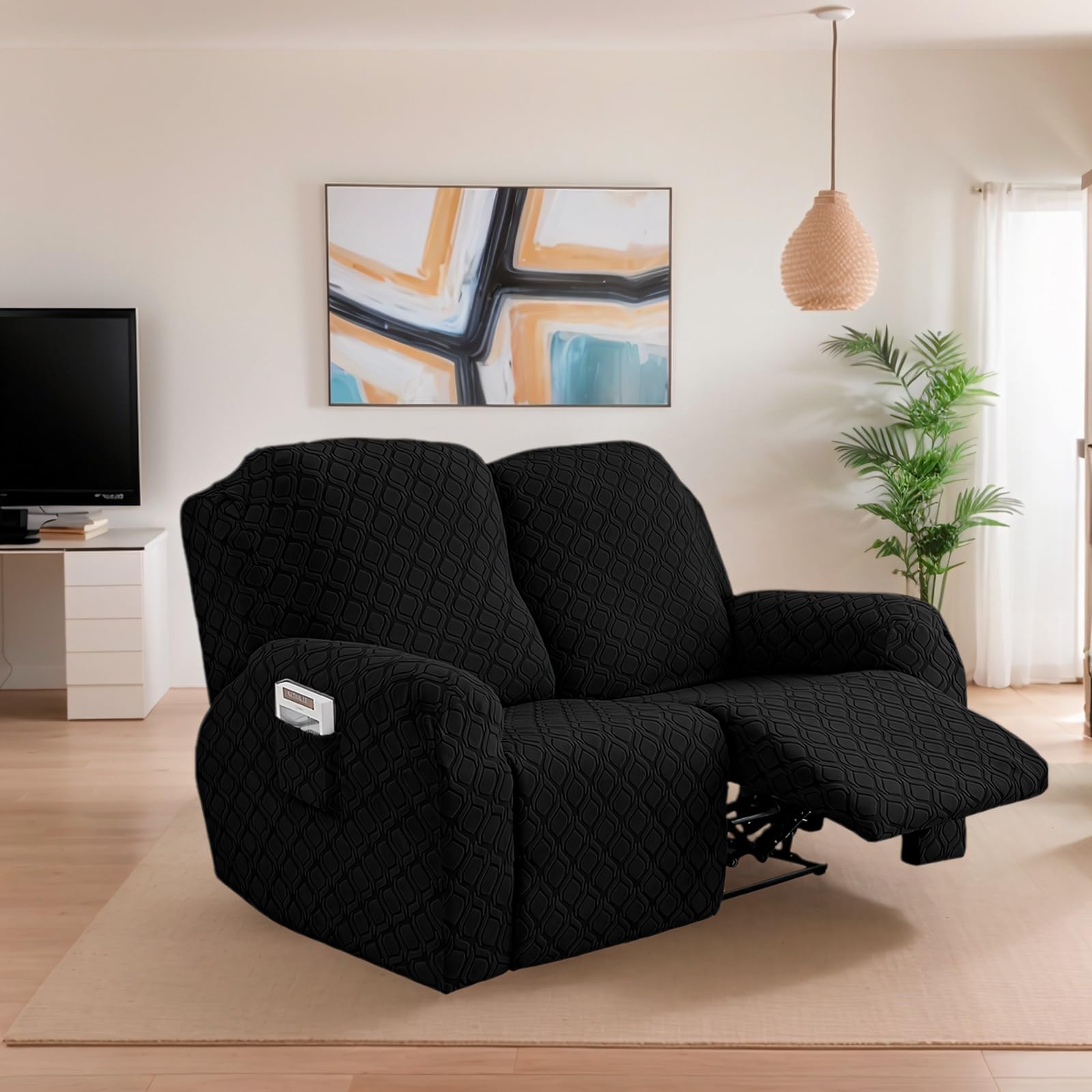 OKUYUK Recliner Chair Cover, 6-Pieces Stretch Recliner Covers for Recliner Chair Soft Reclining Chair Slipcover Furniture Protector for Dogs Cats (Black, 2 Seater)