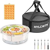 Divided Serving Tray with Lid and Handle, Rounded Snackle Box with 6 Compartments and Chill Base for Fruits, Candy, Veggie, Travel Snack Container with Portable Insulated Bag &amp; Ice Cube Tray &amp; 5 Forks
