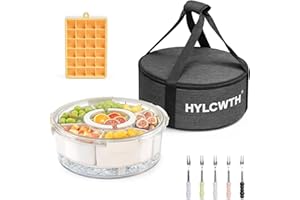 Divided Serving Tray with Lid and Handle, Rounded Snackle Box with 6 Compartments and Chill Base for Fruits, Candy, Veggie, T