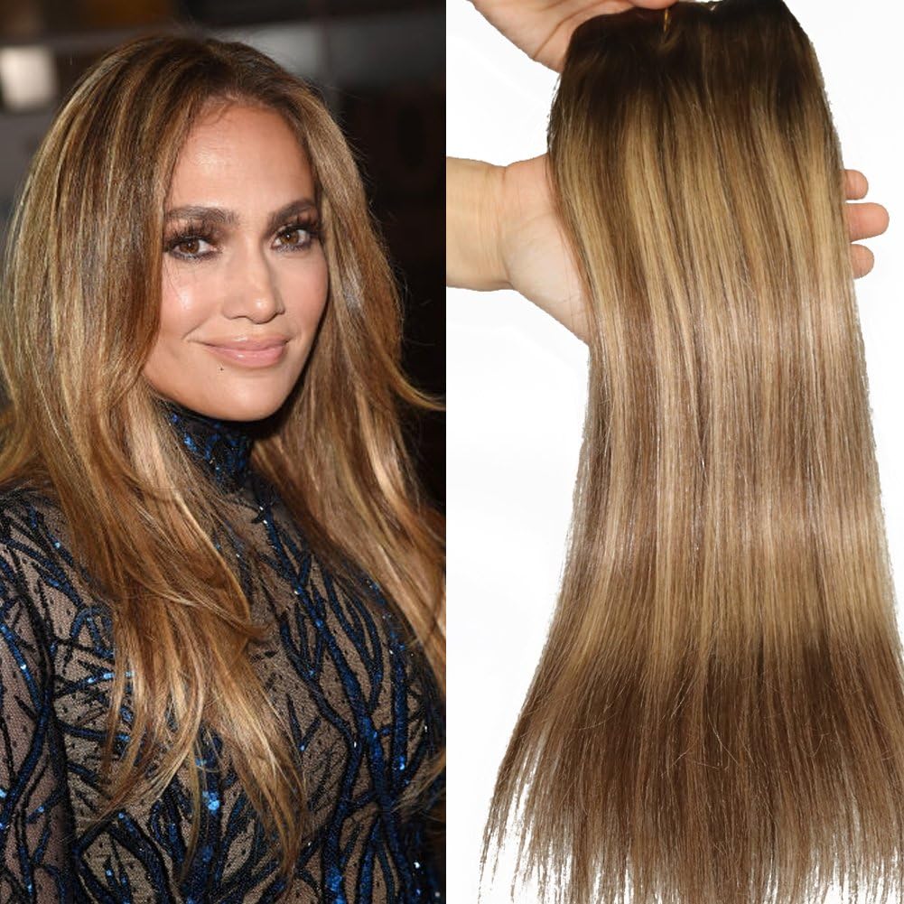 120Gram Virgin Remy Balayage Hair Clip in Extensions Ombre Medium Chestnut Brown to Golden Blonde Highlights Real Human Hair Extensions (18 inch, 4/27)