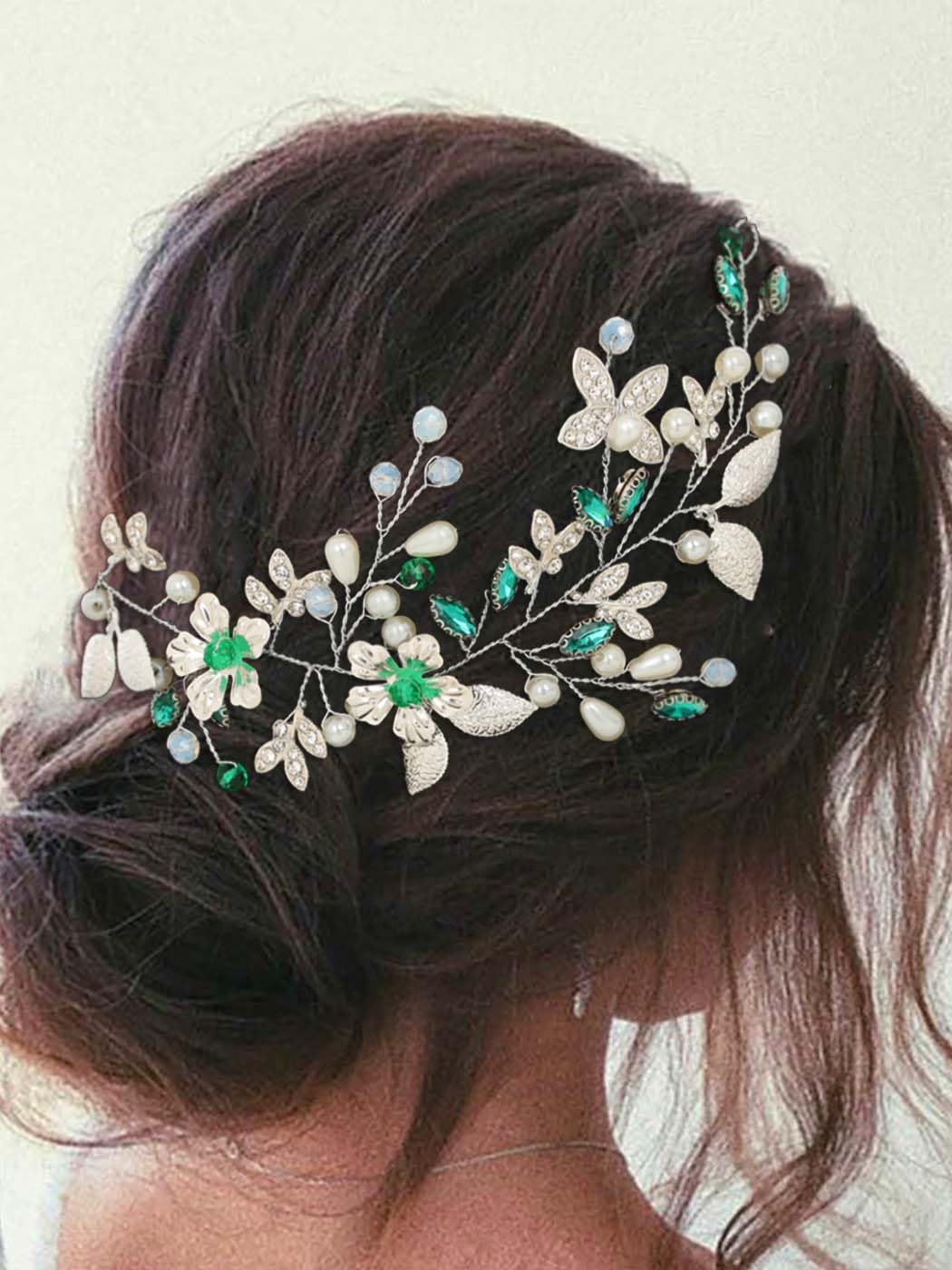 IYOU Crystal Bridal Hair Vine Green Pearl Wedding Headband Rhinestone Beades Headpiece Brides Bridesmaid Hair Accessories for Women