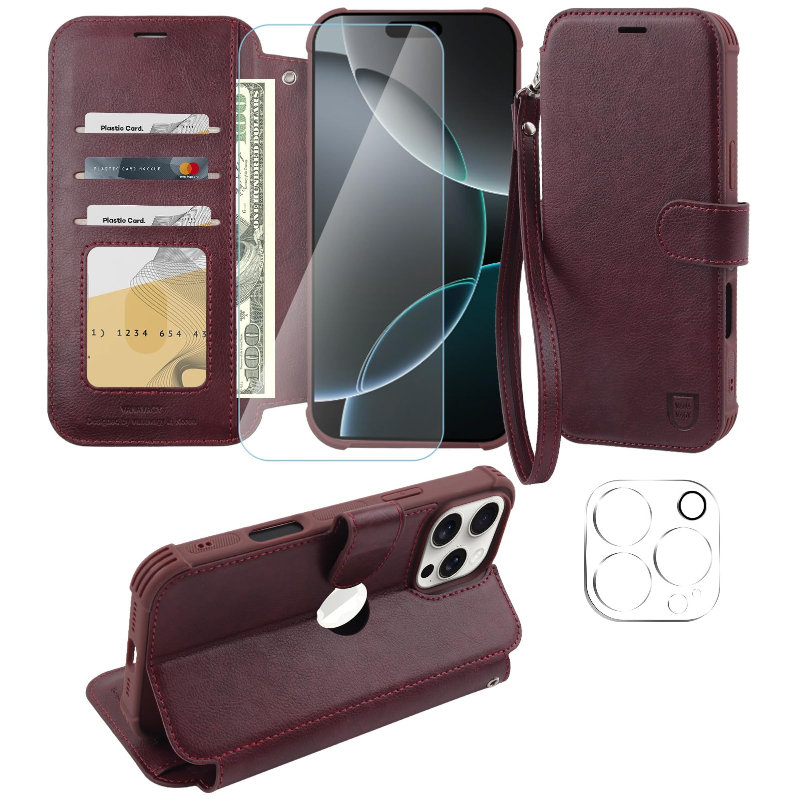 VANAVAGY Compatible for iPhone 16 Pro Wallet Case, 12ft Drop Protection, RFID Blocking PU Leather Flip Cover, Card Holder & Kickstand, Shockproof Phone Case for 16 Pro-6.3 Inch,Burgundy