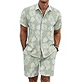 COOFANDY Men's Summer Beach Outfits 2 Piece Short Sleeve Shirts and Shorts Vacation Texture Linen Sets for Men