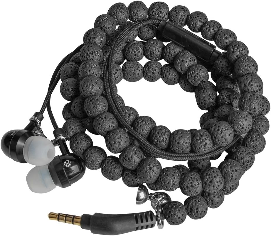 URIZONS Natural Stone Rock Lava Beads Beaded Wearable Braided Wristband in Ear Earphones, Headsets with Microphone Remote for iPhone, iPad, Mac, Laptop Android Devices Fabric Bracelet Style (Black)