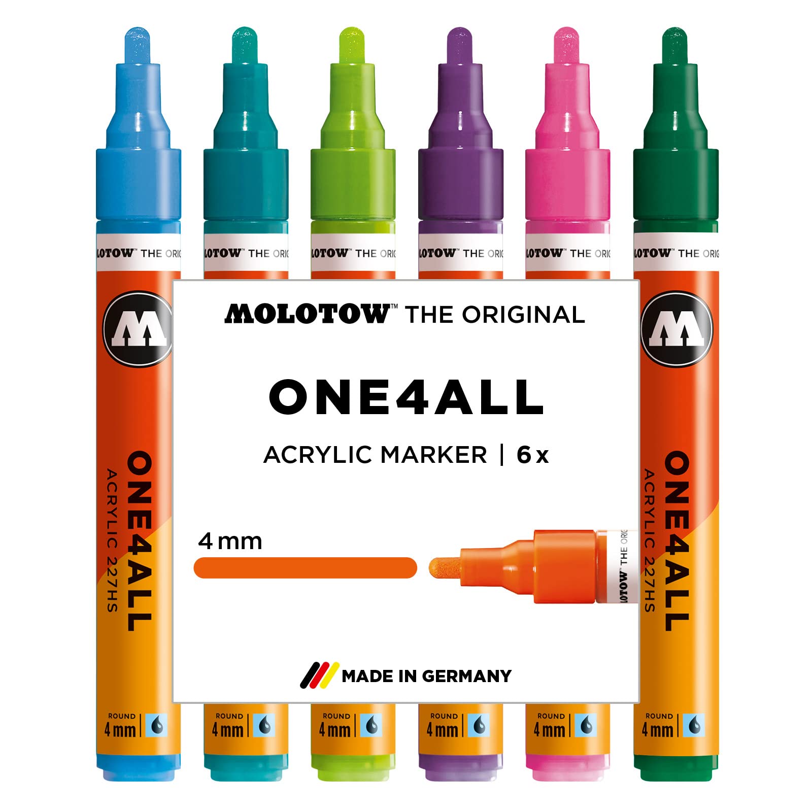 Molotow One4All 227HS Acrylic Pens, High Opacity and Permanent, UV-Resistant for Almost All Surfaces Case Basic Set 2 6 Pieces Multicoloured