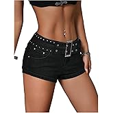WDIRARA Women's Low Rise Grommet Eyelet Belted Denim Shorts Y2k Mini Jean Shorts