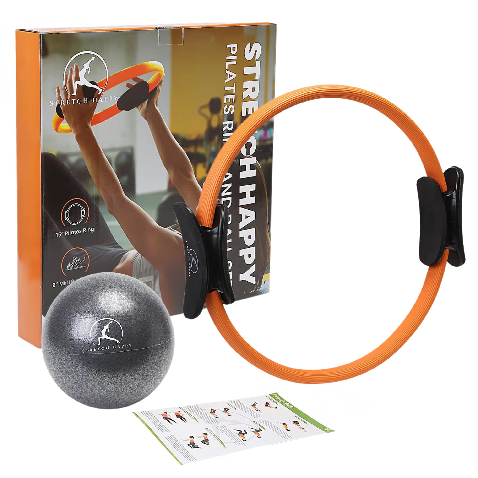 Stretch Happy Pilates 15" Ring and Ball Equipment Set - Yoga Fitness Magic Circle And Mini Ball. FREE Guide. Resistance Workout, Muscle Toner, Pelvic Floor Exerciser,Abs & Thigh Strengthener At Home.