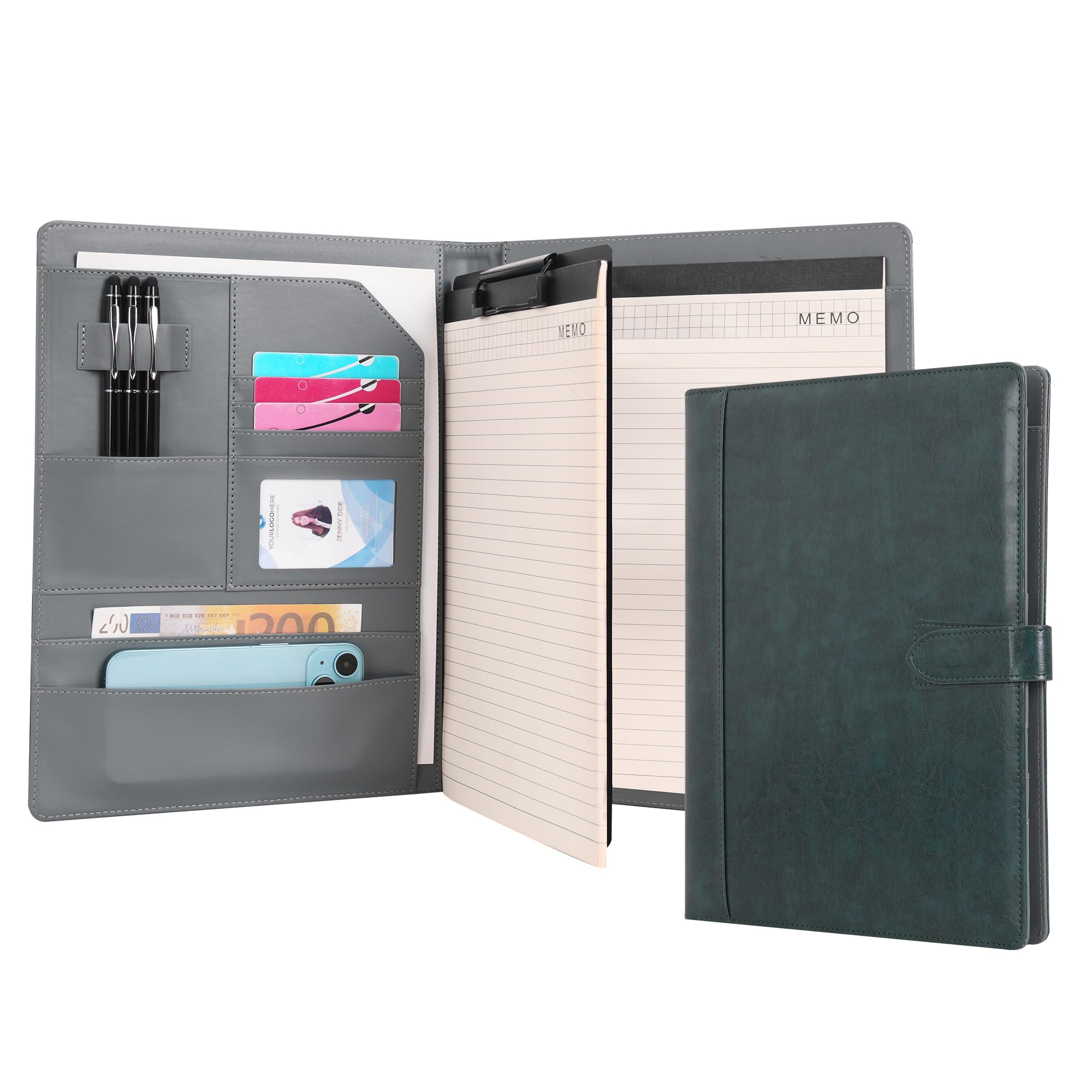 Wason Portfolio Case Leather PU A4 with Clipboard Notepad Forms Holders Document Writing File - Interview Planner Meeting Lecture Organizer for Man and Woman (Dark Blue)