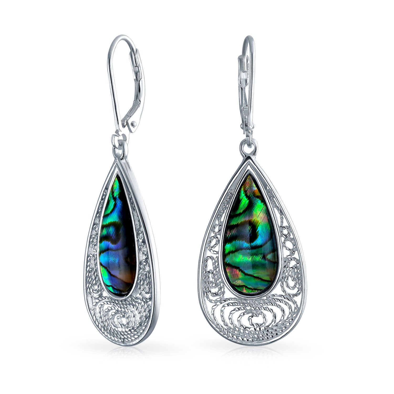Rainbow Filigree Pear Shaped Teardrop Lever back Abalone Shell Earrings For Women .925 Sterling Silver