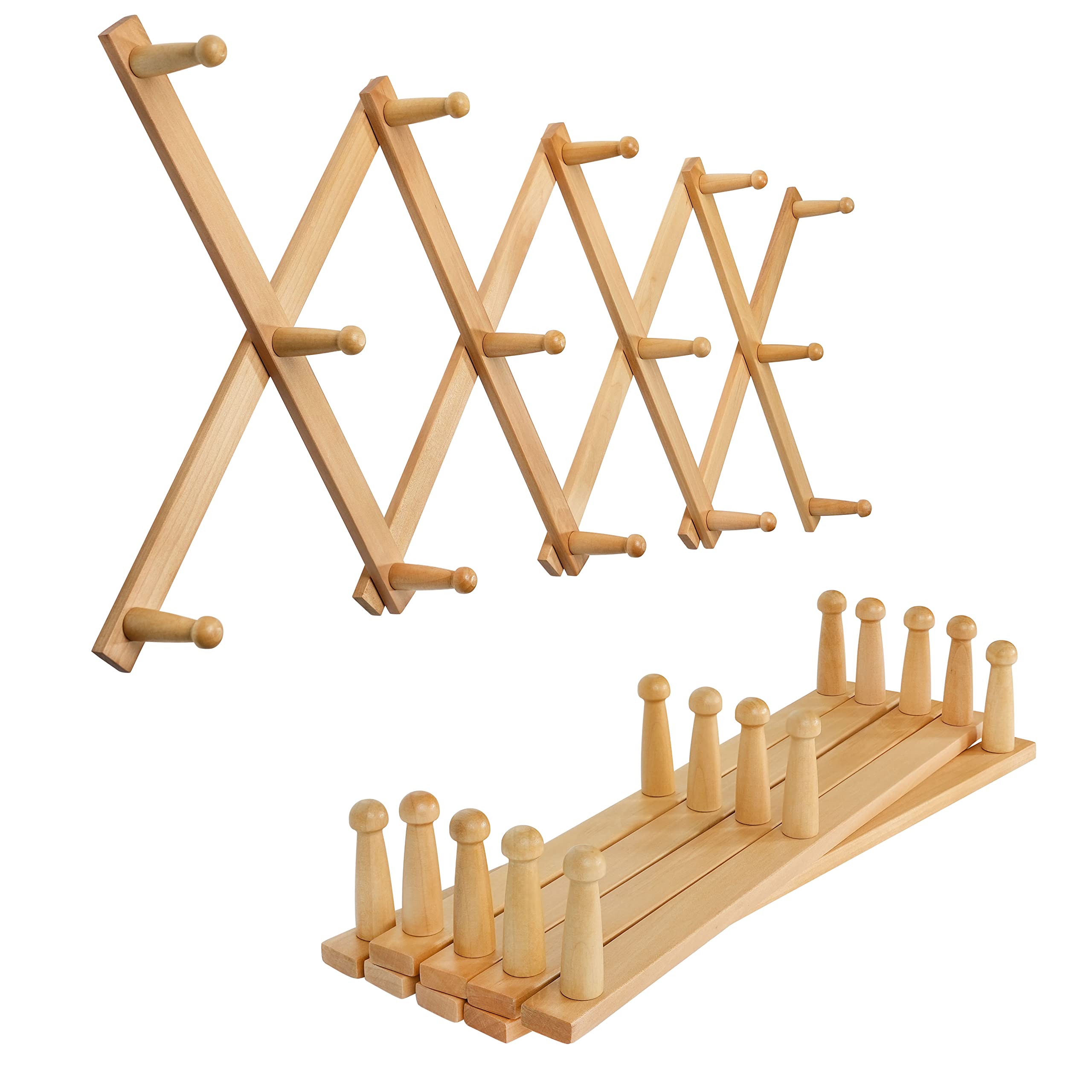 SKOLOO Accordion Wall Hanger, Expandable Coat Rack Wall Mounted, Solid Wooden Wall Hat Rack, 14 Peg, Pack of 2, Natural