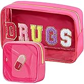 BuyCard 2 Pcs Chenille Letter Drugs Clear Makeup Meds Bag, Nylon & PVC Transparent Cosmetic Bag, Preppy Patch Drug Bag, Toiletry Storage for Women Girls, Rose Red