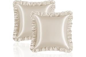 Eychei Beige Ruffle Pillow Shams Set of 2, 18 x 18 Inch Satin Ruffle Pillow Covers for Hair and Skin, Silky Pillowcase with Envelope Closure, Anti Wrinkle Ruffled Pillowcase for Sofa, Bed