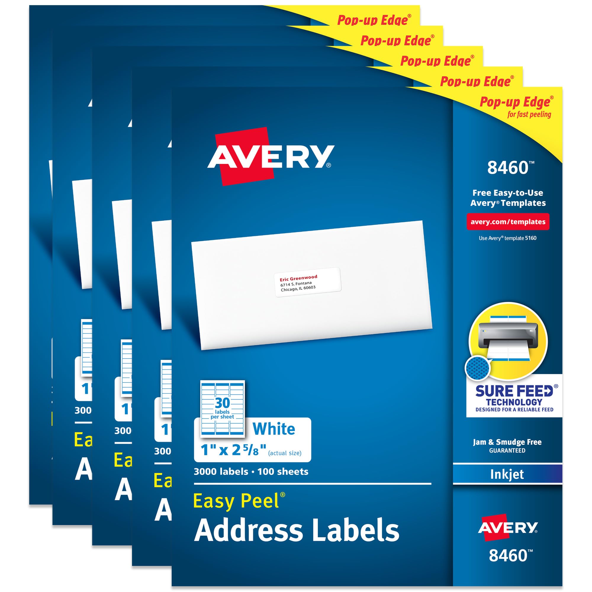 Avery Easy Peel Printable Address Labels with Sure Feed, 1" x 2-5/8" Customizable Stickers, White, 3,000 Blank Mailing Labels per Pack, Great for Mailing, Shipping, and More (5-Pack of 8460) Image