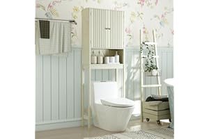 Tangkula Over The Toilet Storage Cabinet, Above Toilet Bathroom Organizer with Fluted Doors, Adjustable Shelf & Bottom Bar, T