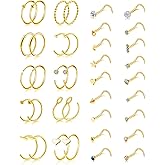 Tornito 20G 38Pcs Stainless Steel L Bone Screw Shaped Nose Studs Nose Rings CZ Hoop Tragus Cartilage Nose Ring Labret Nose Piercing Jewelry for Men Women Rose Gold Tone