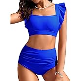 Kate Kasin Womens High Waisted Bikini Sets Ruffle Tummy Control Swimsuits Full Coverage Cheeky Two Piece Bathing Suit