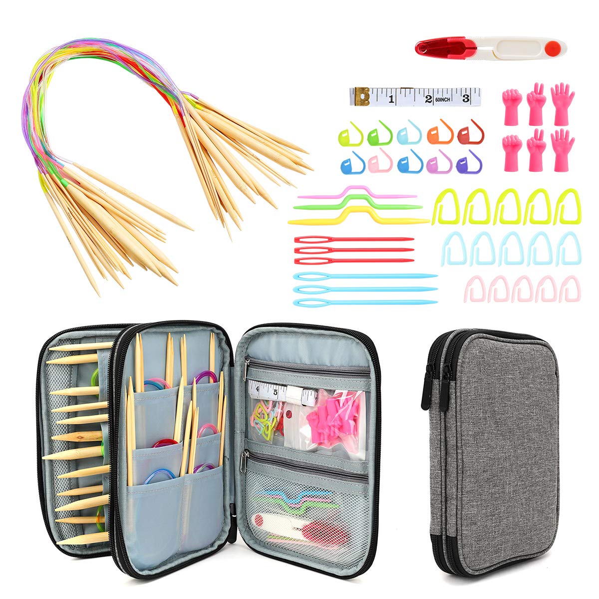 KOKNIT Bamboo Circular Knitting Needles Set with case, Flexible Plastic Cable(31inch / 80cm) Set of 61pcs Knitting Needle and Knitting Accessories Tools,(2mm-10mm) — image 1