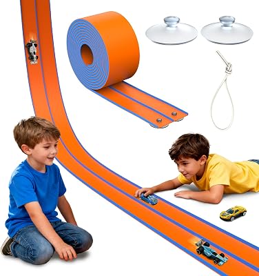 Flexible Autorennbahnen, 4.5M Autorennbahn Inklusive 6 Autos Tragbare Dual Rennstrecke Rampen für 1/64th Autos Spielzeug Geschenk für Kinder ab 3+ Jahr