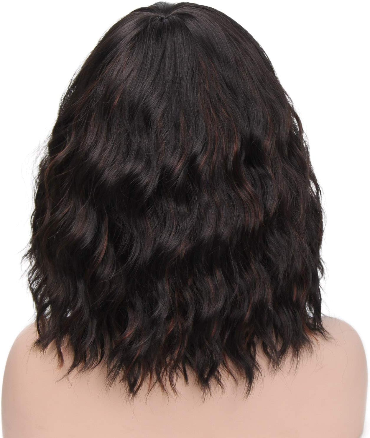 ColorfulPanda Short Curly Wavy Black Wig mix Brown Highlight Bob Wigs with Bangs for Women Synthetic Hair Wigs with Fringe - Image 4