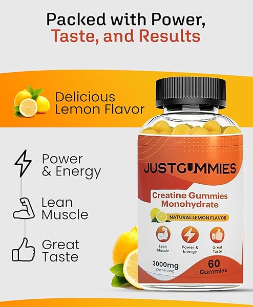 JUSTGUMMIES CREATINE MONOHYDRATE GUMMIES 3000 MG PER SERVING | CREATINE INFUSED GUMMIES TO INCREASE STRENGTH AND BUILD MUSCLE, VEGAN, LEMON FLAVOR, 60 COUNT