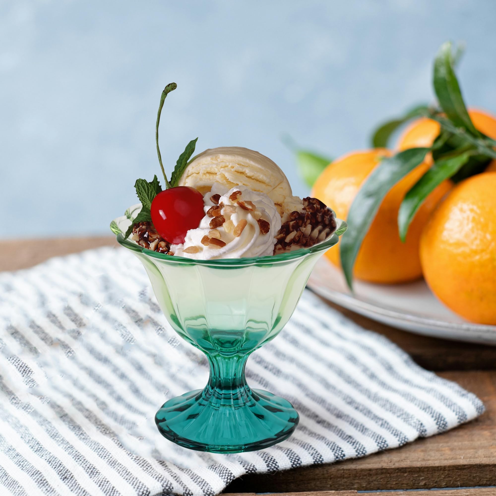 Glass Dessert Bowls 10 Oz Set of 4 Ice Cream Cups Footed Bowl Green Clear Drinking Cup for Sundae, Dessert, Candy, Fruit, Ice Cream, Snack Pudding