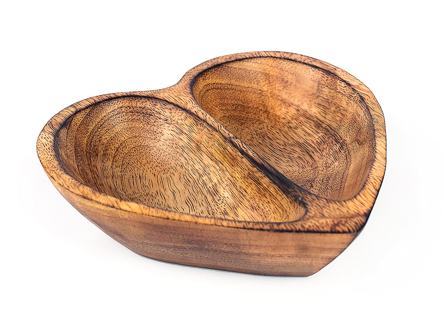 WitnyStore 6" Heart Shaped Bowl - Functional and Collectible Bowl - Handcrafted Wooden Bowl for Serving Nuts Desserts Fruits or Accent Decor Gift for Any Occasion - 6", 2 Partition, Brown