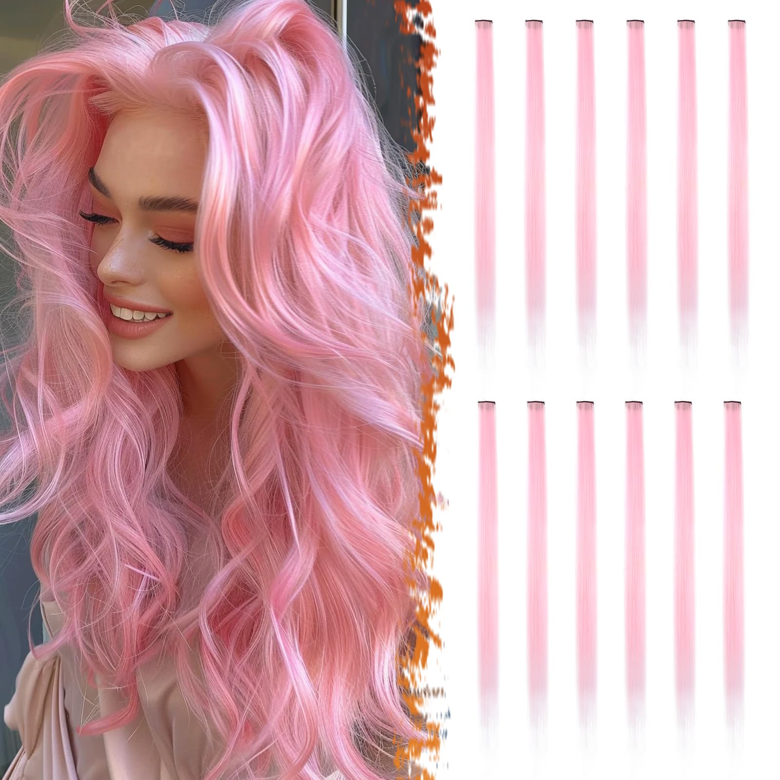 BARSDAR Coloured Hair Extensions for Women, 12 PCS Colored Clip in Hair Extensions Rainbow Party Highlights Synthetic Hairpieces 21 Inch Pink Extensions with Rubber Bands