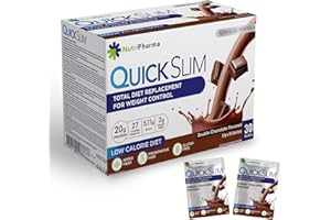 NUTRIPHARMA QUICK SLIM Quick Slim Meal Replacement Shake for Weight Loss, 30 Servings, 20g Protein, 27 Vitamins & Minerals, Dietary Fiber, Low Carb, Gluten Free (Double Chocolate, 30 Sachets)