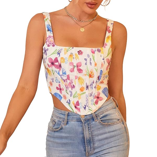KUTUMAI WOMEN’S SUMMER FLORAL CORSET CROP TOP STRAP...