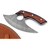 Super Knife Handmade Damascus Steel Ulu Knife - Fixed Blade knife for Chopping Boning Slicing Cutting ,Solid Rose Wood Handle with Leather Sheath, Wood,Steel