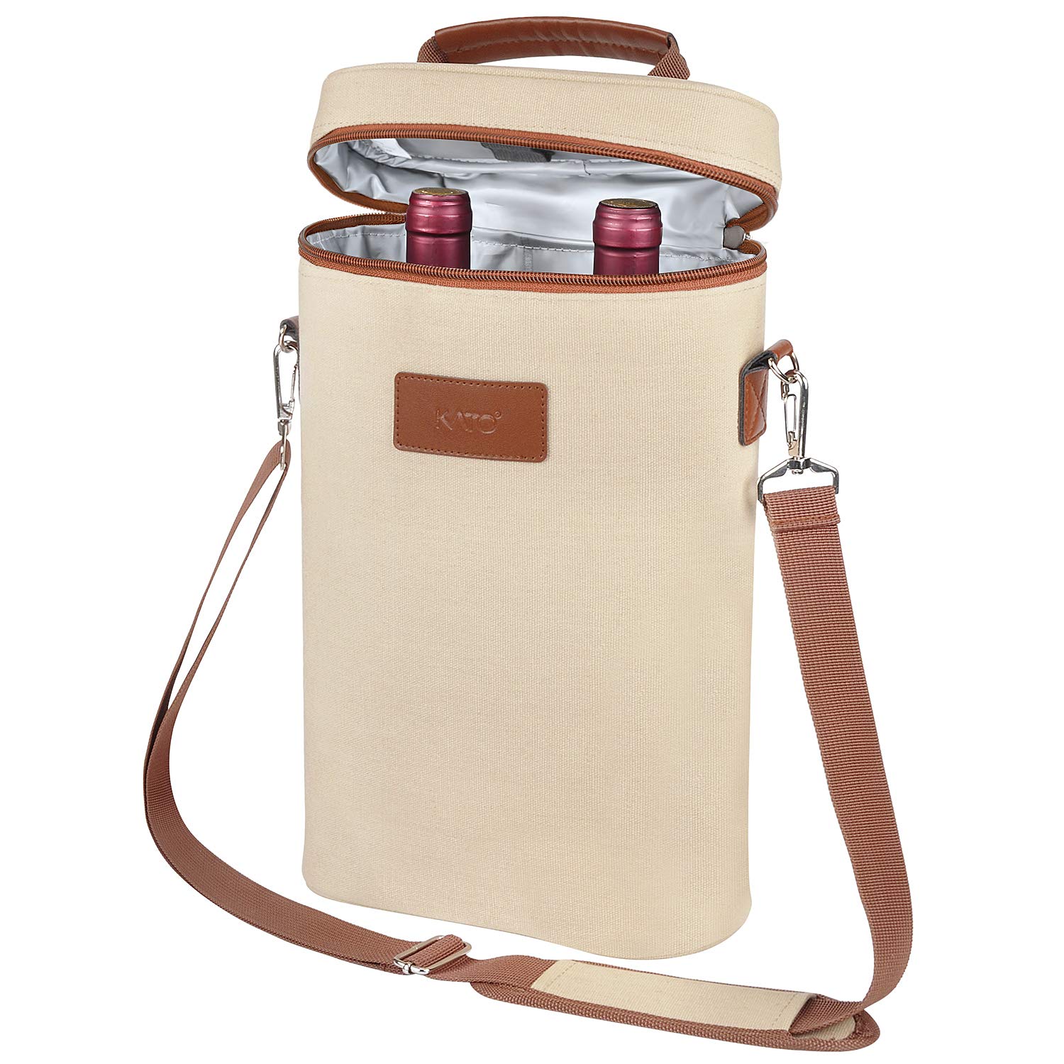 Kato Tirrinia Insulated Wine Cooler Bag, 2 Bottle Padded Wine Tote Carrier for Picnic, Beach, Camping,Perfect Pick for Wine Lover, Beige