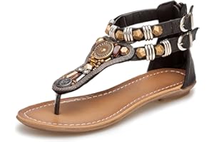 iCKER Women Rhinestone Sandals T-Strap Buckle Bohemian Pearl Crystal Flat Sandals