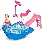 BETTINA Pool Playset - Glam Pool with Slide, Doll Pool Accessories Includes Beach Chair, Beach Umbrella, Dog, Swimming Pool Set for 12 Inch Dolls, Bath Toys for Dolls