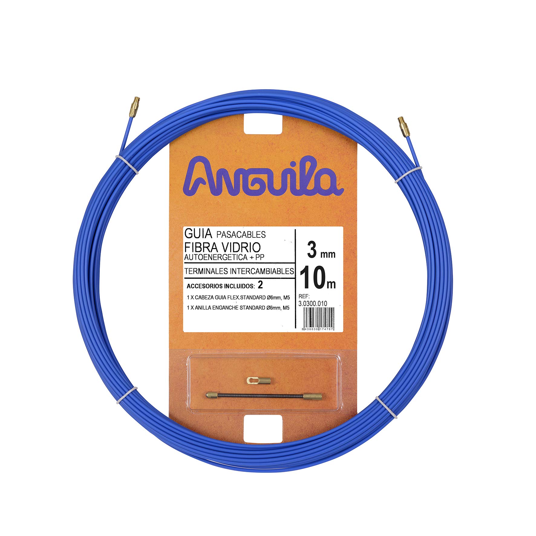 Anguila Fibreglass Reinforced + Propylene-Reinforced Cable Guide, Interchangeable Clamps, Blue Colour, Diameter 3 mm, 10 metres