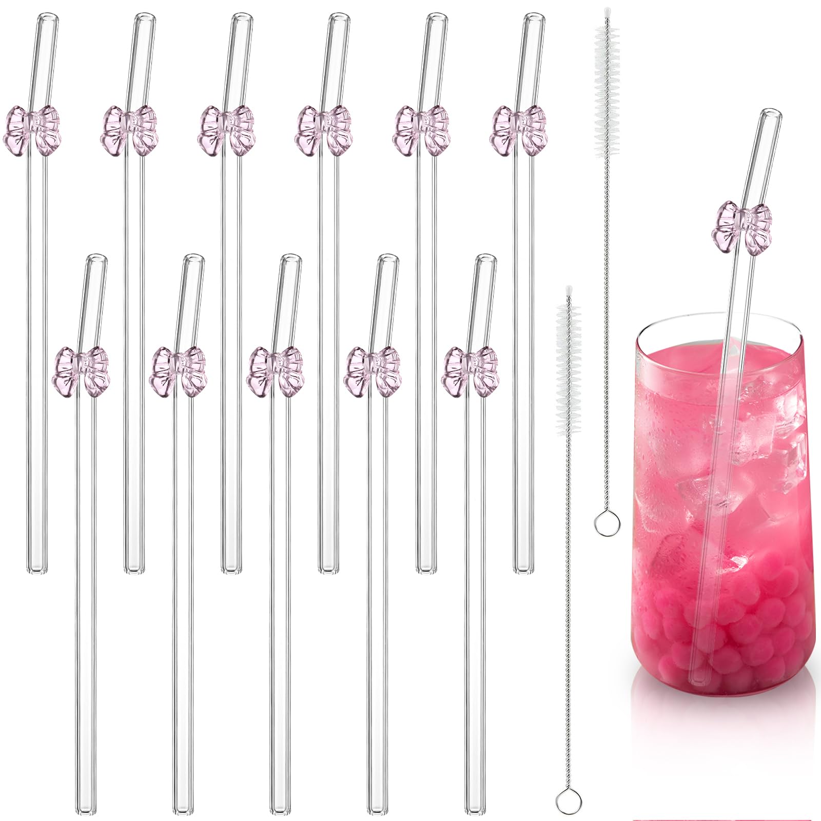 Photo 1 of 12 Pieces Reusable Glass Straws with Pink Bow Shatter Resistant Cute Bend Drinking Straws with 2 Cleaning Brushes for Cold Hot Beverages Teas Bar Drinkware