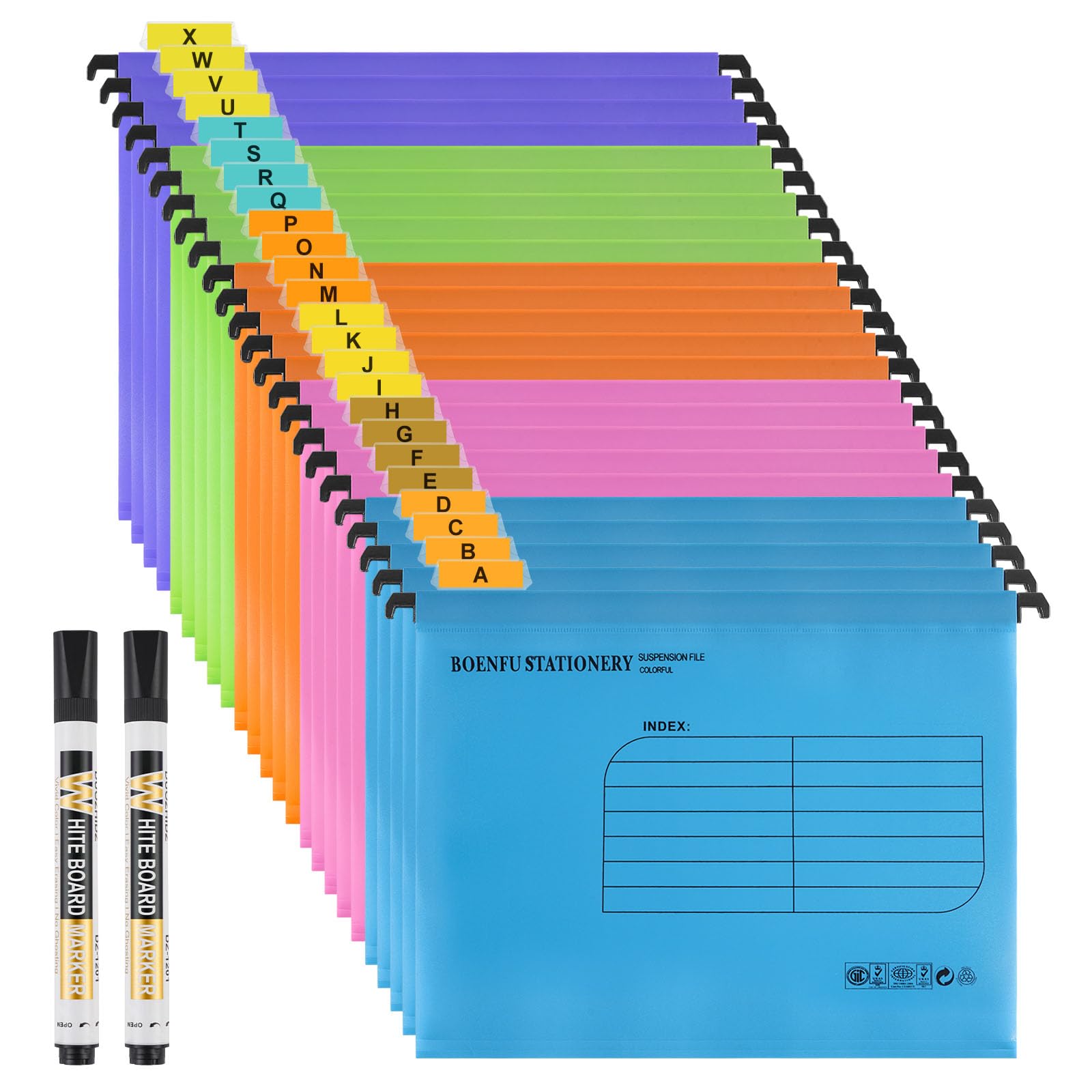 Foolscap Suspension Files,BOENFU 24 Pack Polypropylene for Suspension Files Filing Cabinets with Tabs,Card Inserts for School Home Office (24 Pack,5 Colors)