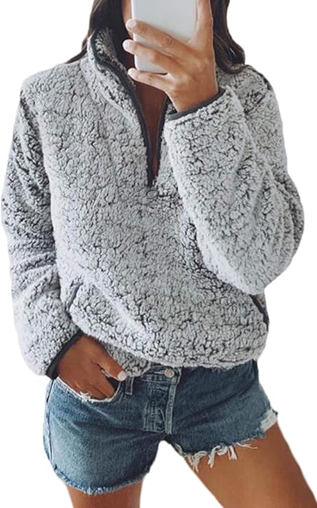 Amazon.com: Angashion Fleece 1/4 Zip Up Fuzzy Sherpa Pullover Sweatshirt Fluffy Outerwear Coat 